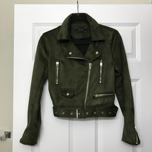 ZARA Green Suede-Like Moto Jacket
